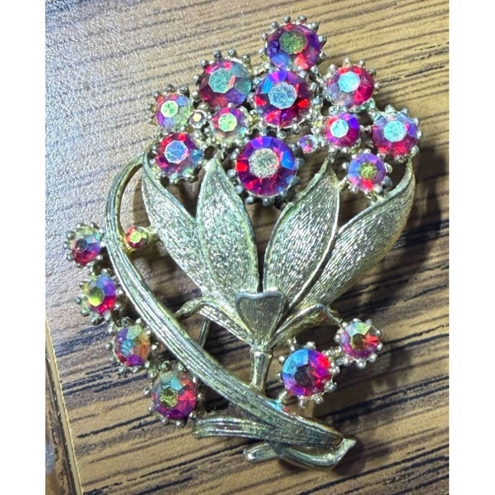 Vintage Coro Floral Brooch Sunflower Crimson AB Rhinestones Gold Tone 2"